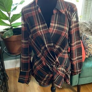 NWT Laundry brown, rust, and black plaid faux wrap collared blouse